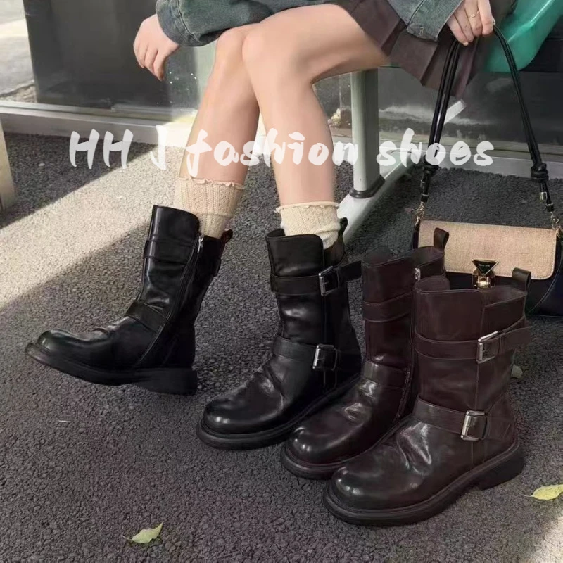 厚底骑士靴女2025秋新款真皮时尚百搭舒适圆头马丁靴一脚蹬机车靴