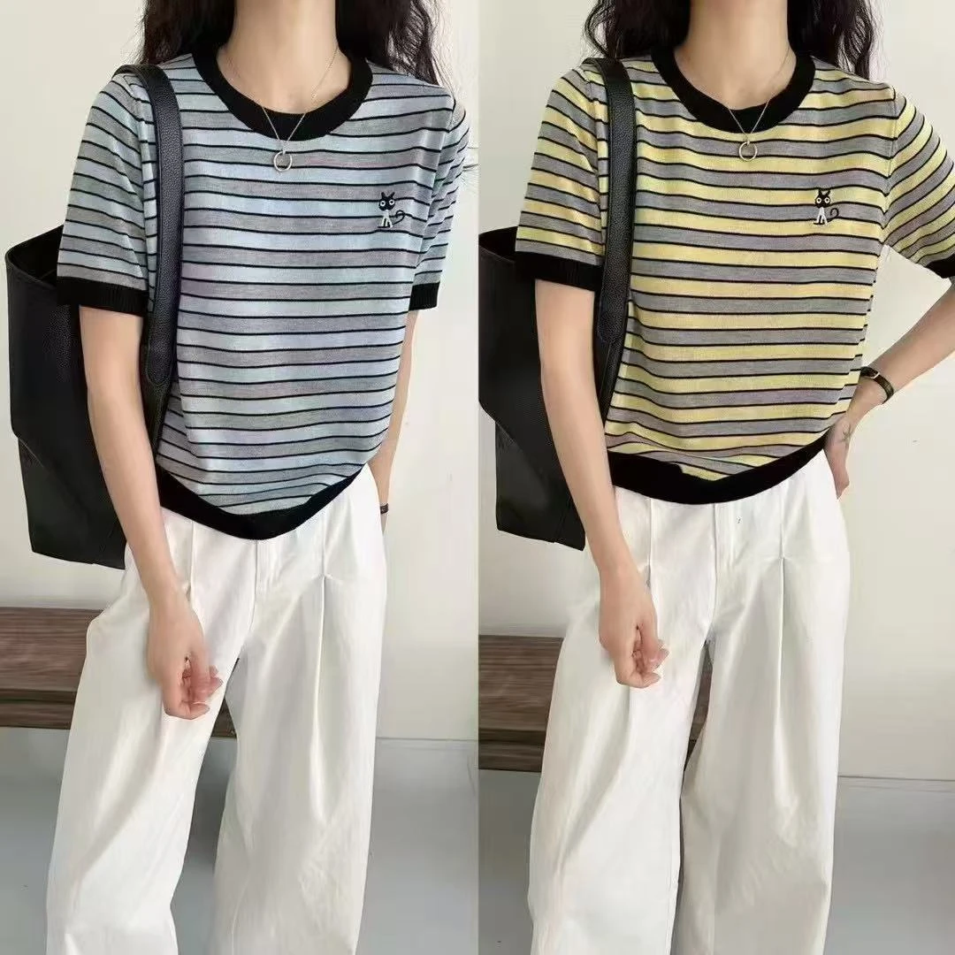 2025爆款复古韩系刺绣条纹短袖女夏季宽松显瘦设计感小衫266