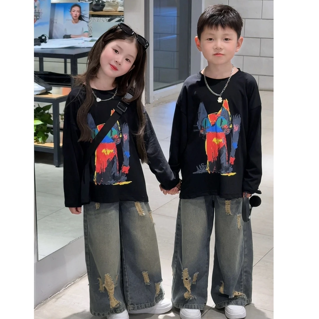 【爆款新品】男女童秋装套装2025新款潮版招财猫卡通潮酷痞帅童装