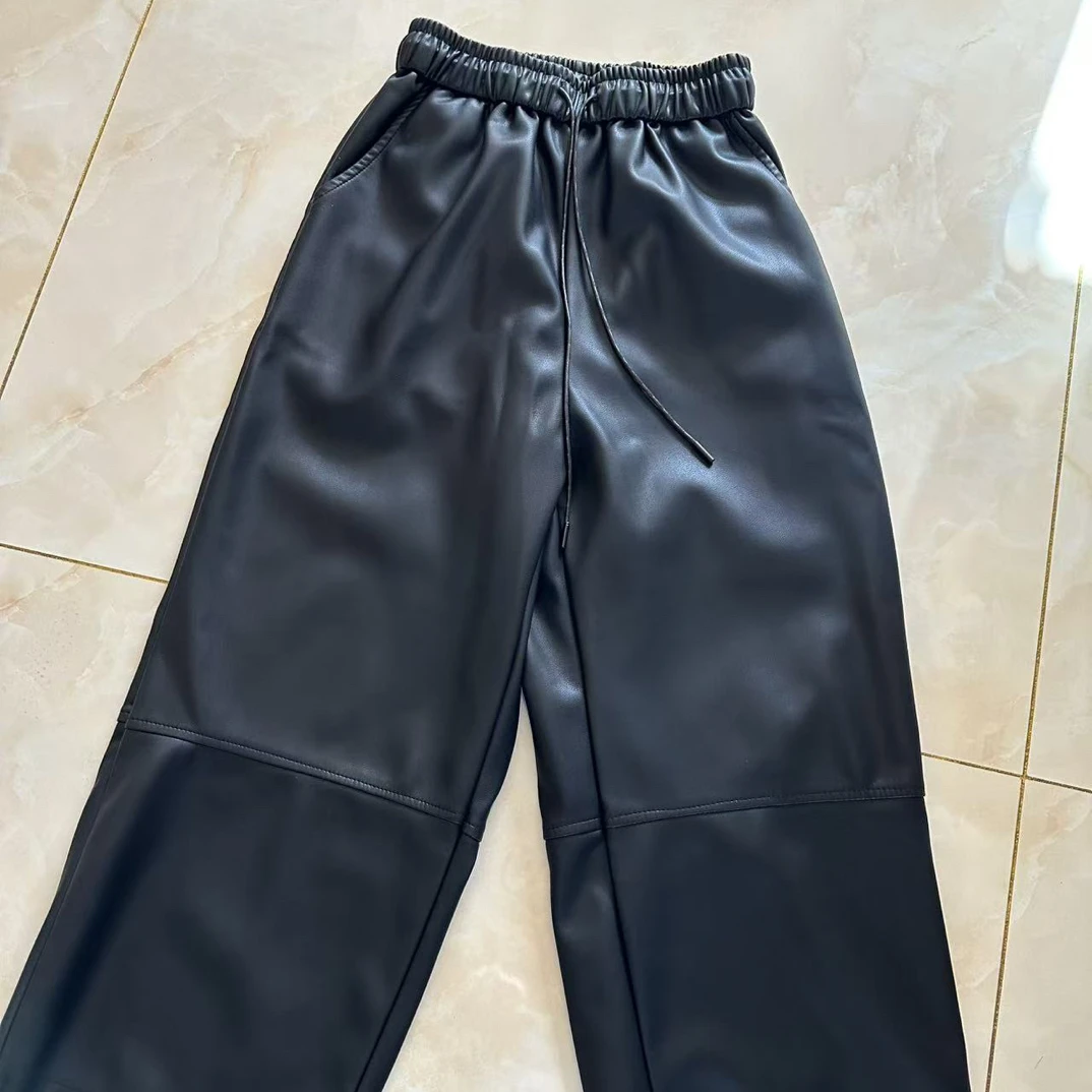 高腰松紧腰绵直筒皮裤女式秋冬宽松百搭休闲显瘦九分裤