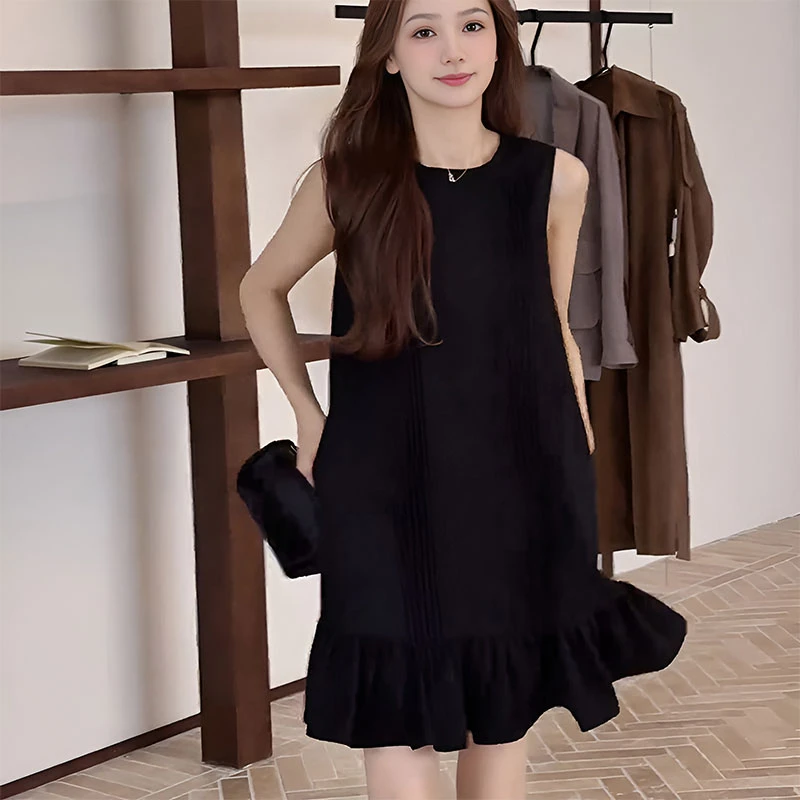 赫本气质宽松圆领性感无袖连衣裙女2025新款夏季荷叶边法式短裙女