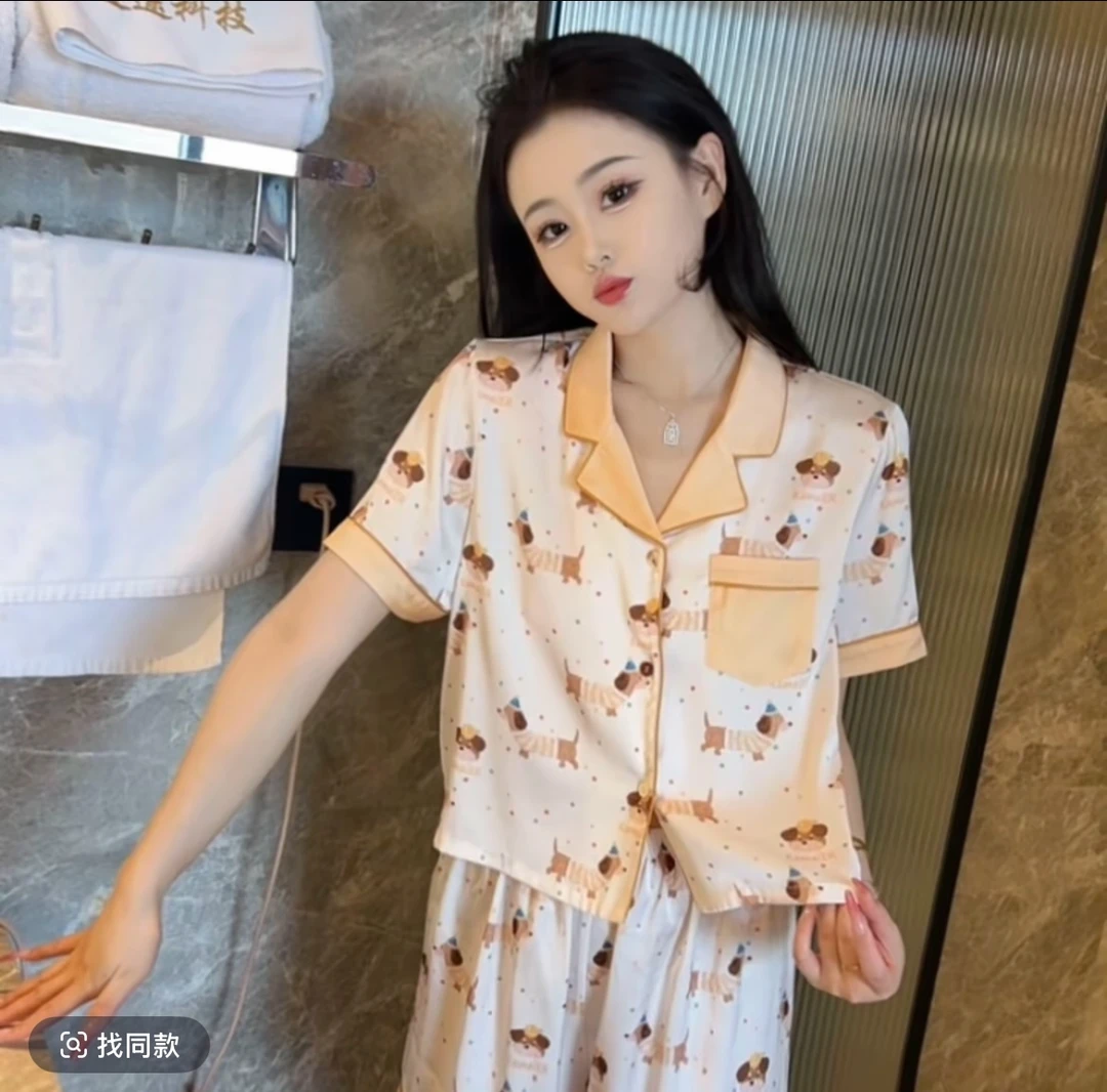 （旺旺）夏季休闲短款睡衣家居服套装可爱显瘦女可外穿高级感翻领