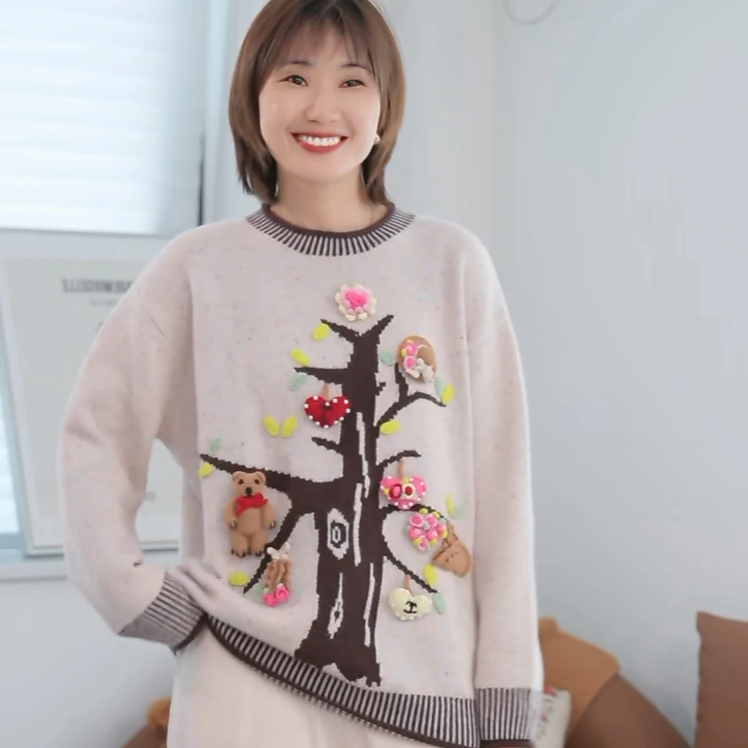 圣诞树 纯山羊绒圆领手工绣花钩花针织套头毛衣