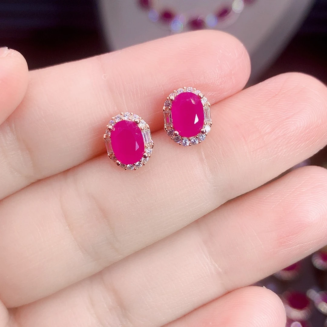 耳饰银S925镶嵌红宝石