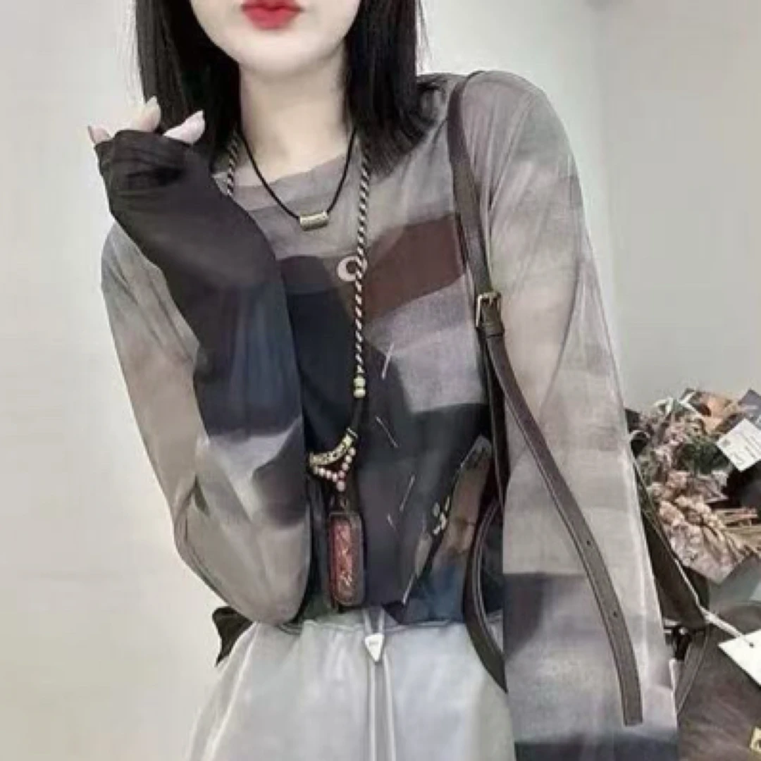 2025春季新款印花网纱打底衫女时尚洋气长袖圆领套头上衣9823