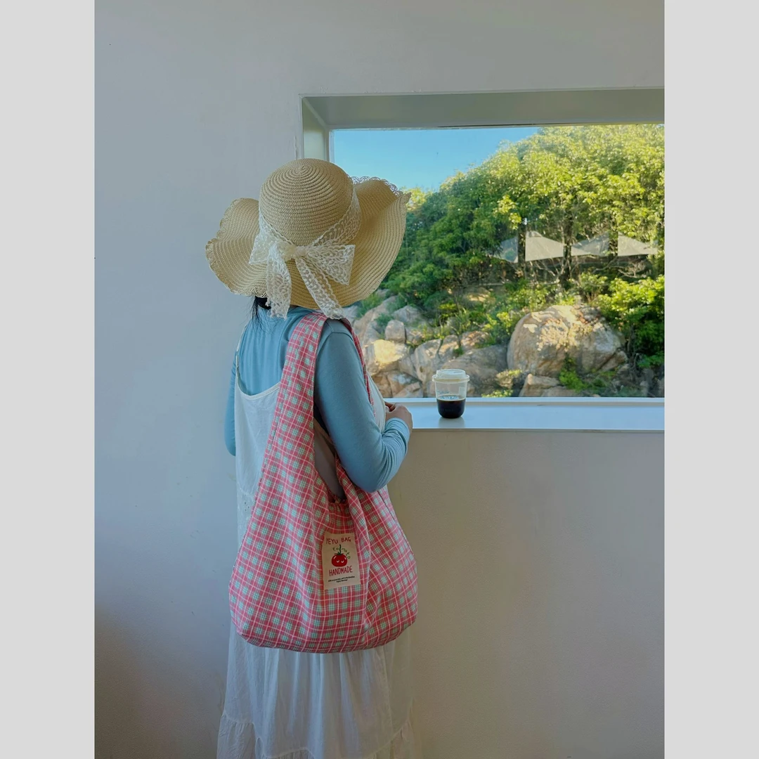 韩系ins新款慵懒甜美格子春夏薄款单肩购物袋休闲通勤背心包