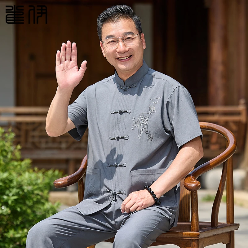 中老年唐装男士夏装中国风套装短袖爸爸夏季衬衫老年人60岁衣服