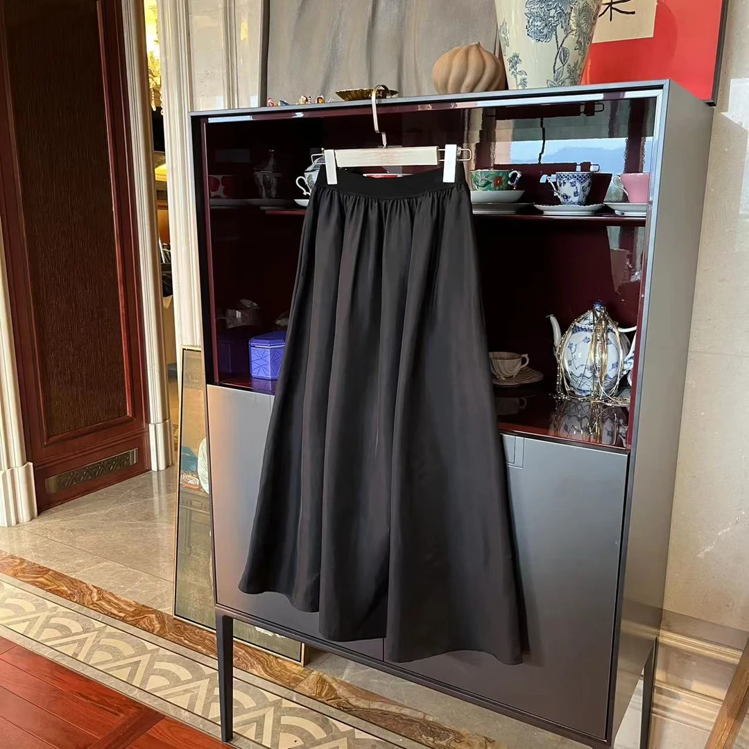 MYL真丝黑色半裙2023夏季新品中腰A摆纯色休闲电力纺半身裙