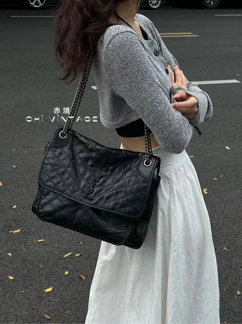 95新 YSL/圣罗兰 0560 黑银niki单肩包大号