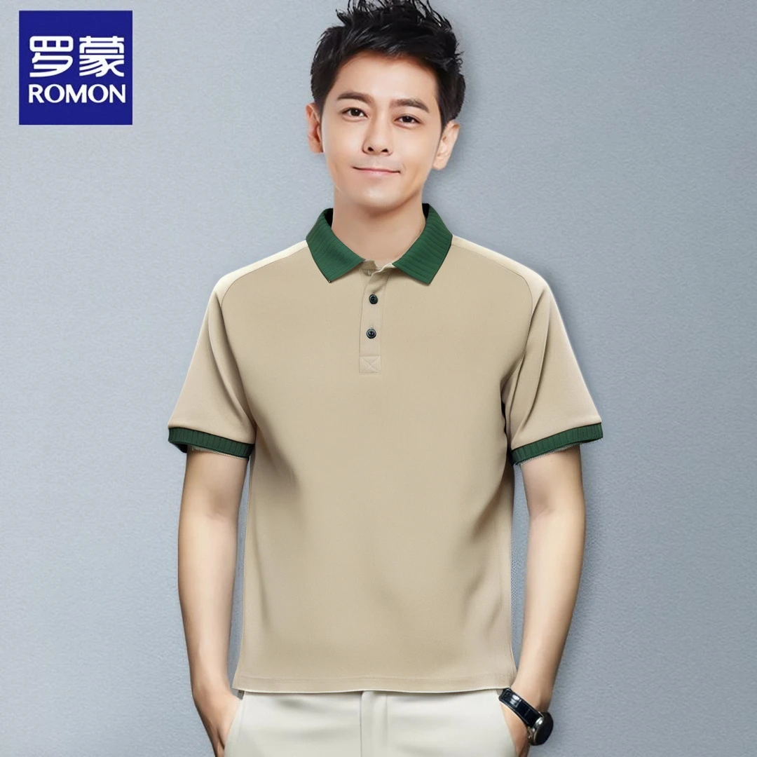 Romon/罗蒙拼色翻领短袖polo衫男士夏季新款休闲宽松透气T恤上衣