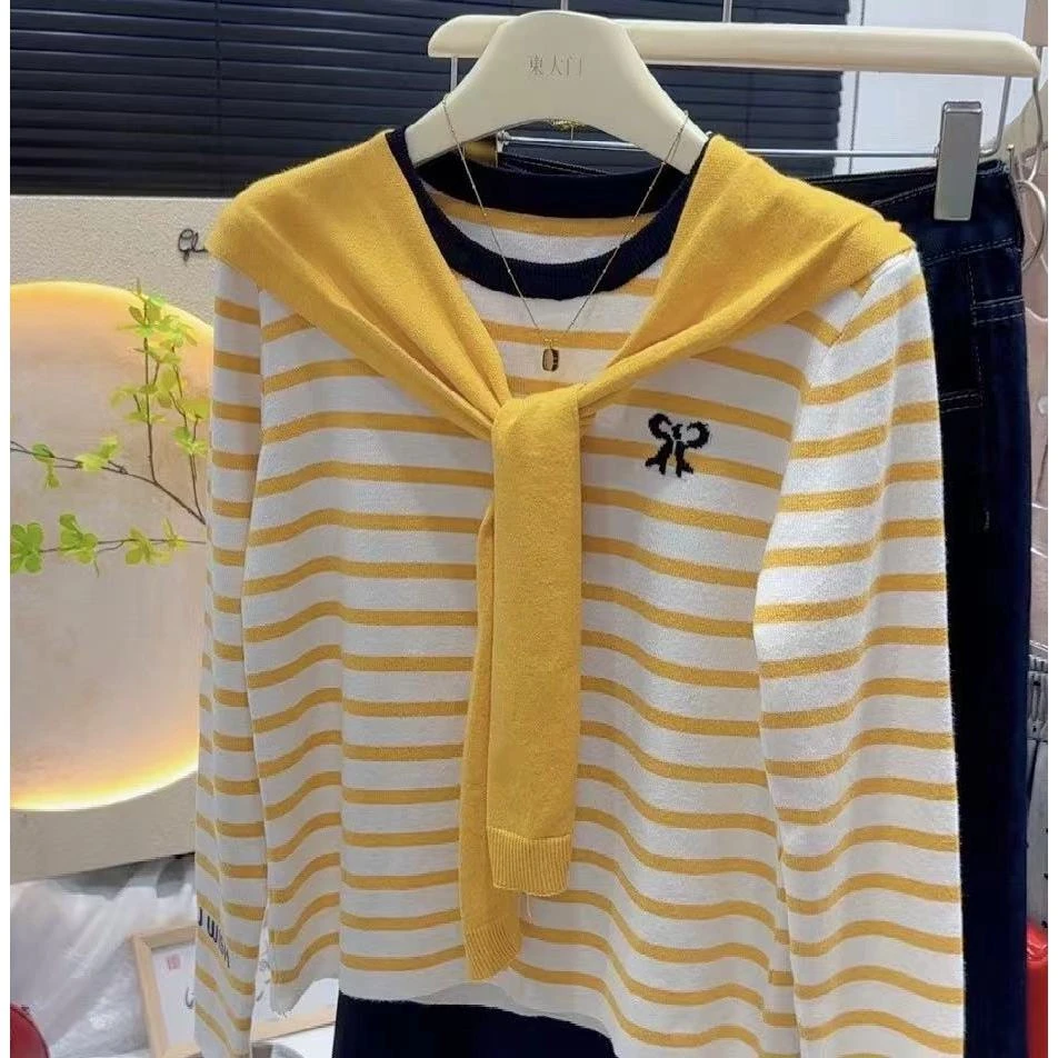 黄色条纹针织衫女新款chic早秋上衣服时尚修身毛衣长袖打底衫