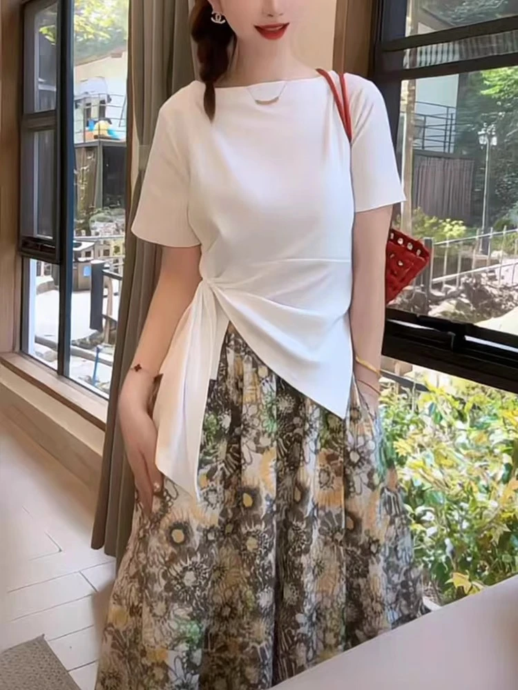 时尚设计感不规则白色短袖t恤女2025夏新款百搭显瘦正肩小衫上衣