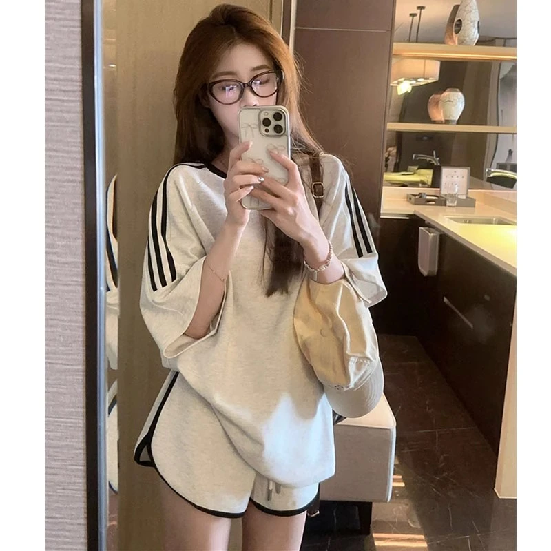 韩系网红中袖T恤运动套装女夏学生宽松美式炸街短裤休闲两件套ins