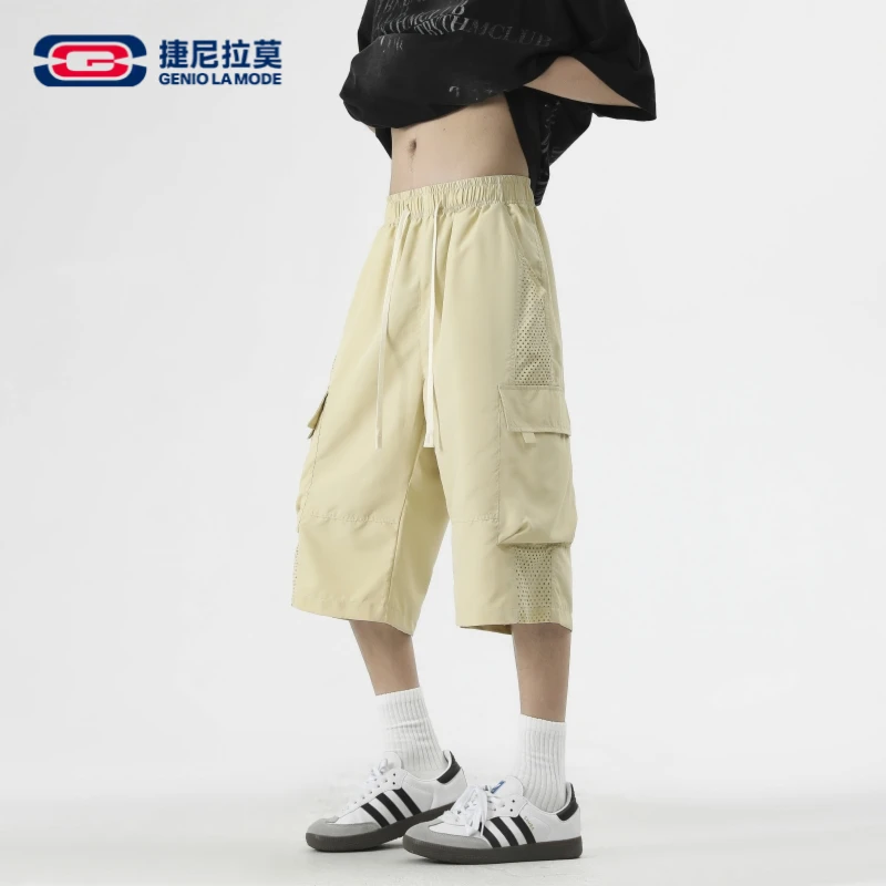 GENIO LAMODE夏季潮牌工装短裤宽松直筒多口袋休闲透气网眼七分裤