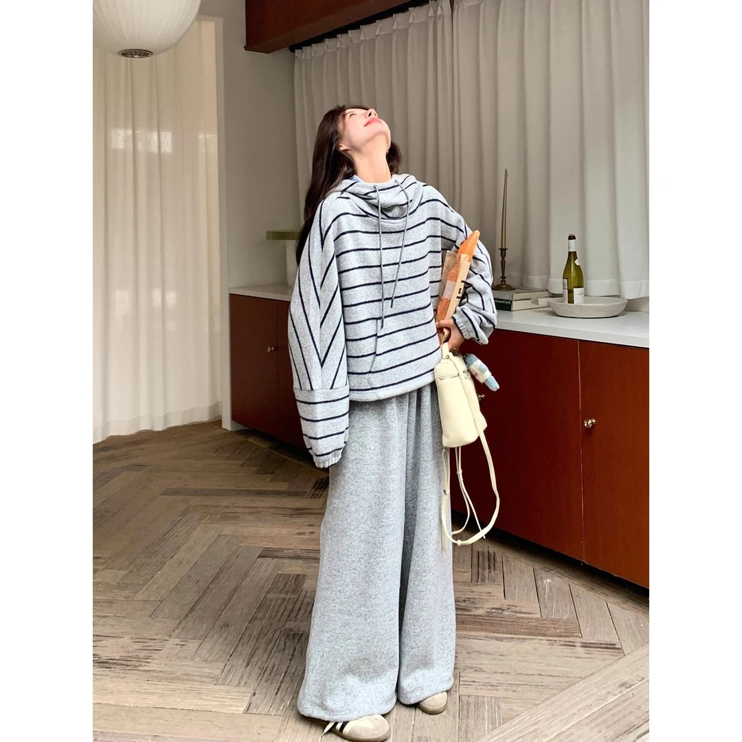 慵懒风条纹连帽卫衣套装女冬季2025新款休闲宽松显瘦阔腿裤两件套