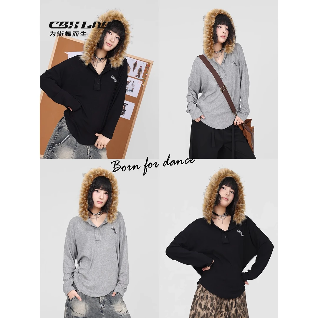 CBXLAB街舞潮牌爵士毛领连帽慵懒罩衫kpop辣妹跳舞垂坠感长袖上衣