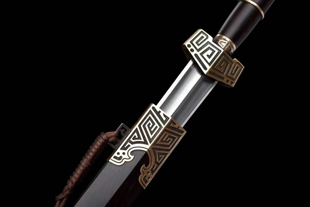 秦王剑双槽花纹钢黑檀工艺品摆件未开刃