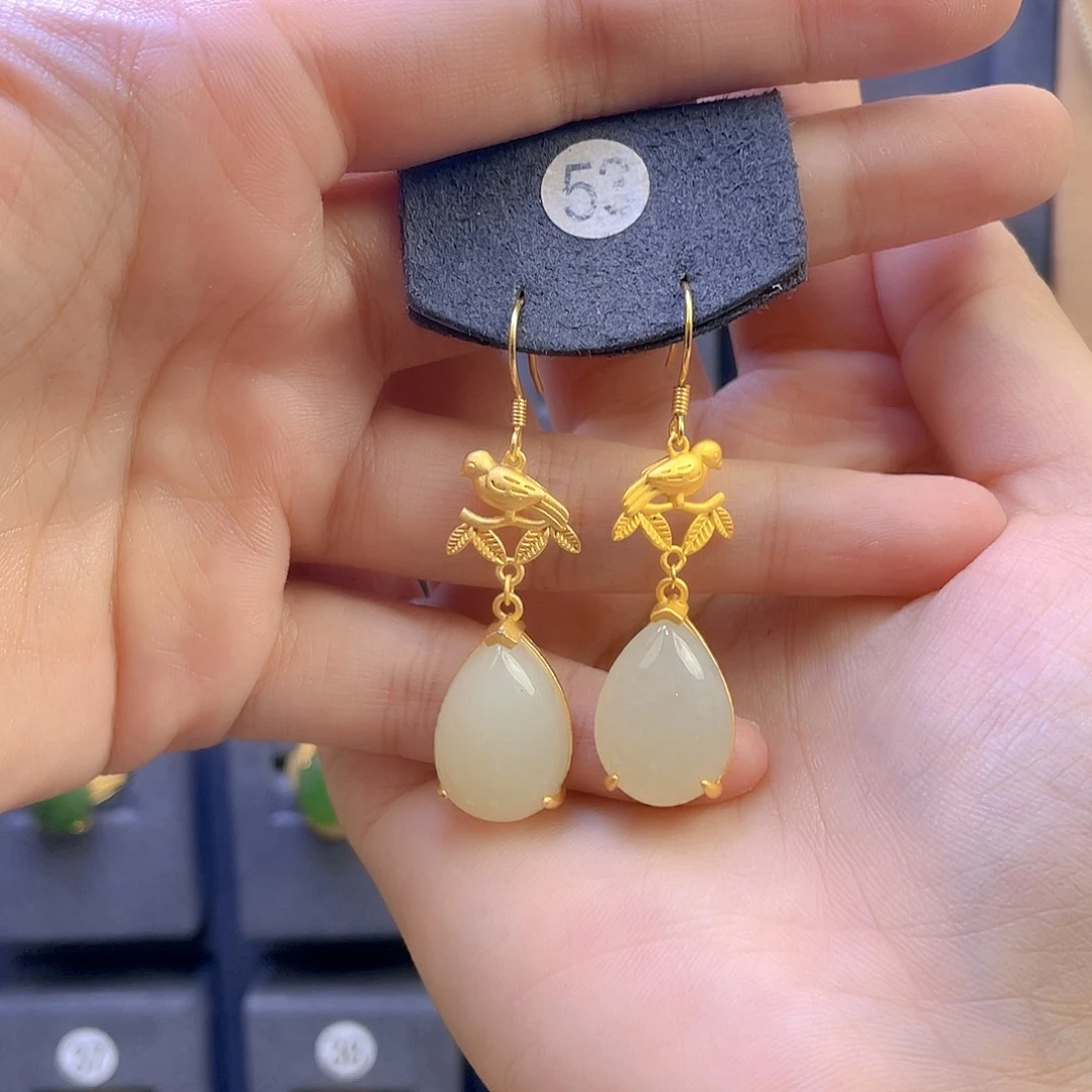 和田玉耳饰银S925镀金镶嵌