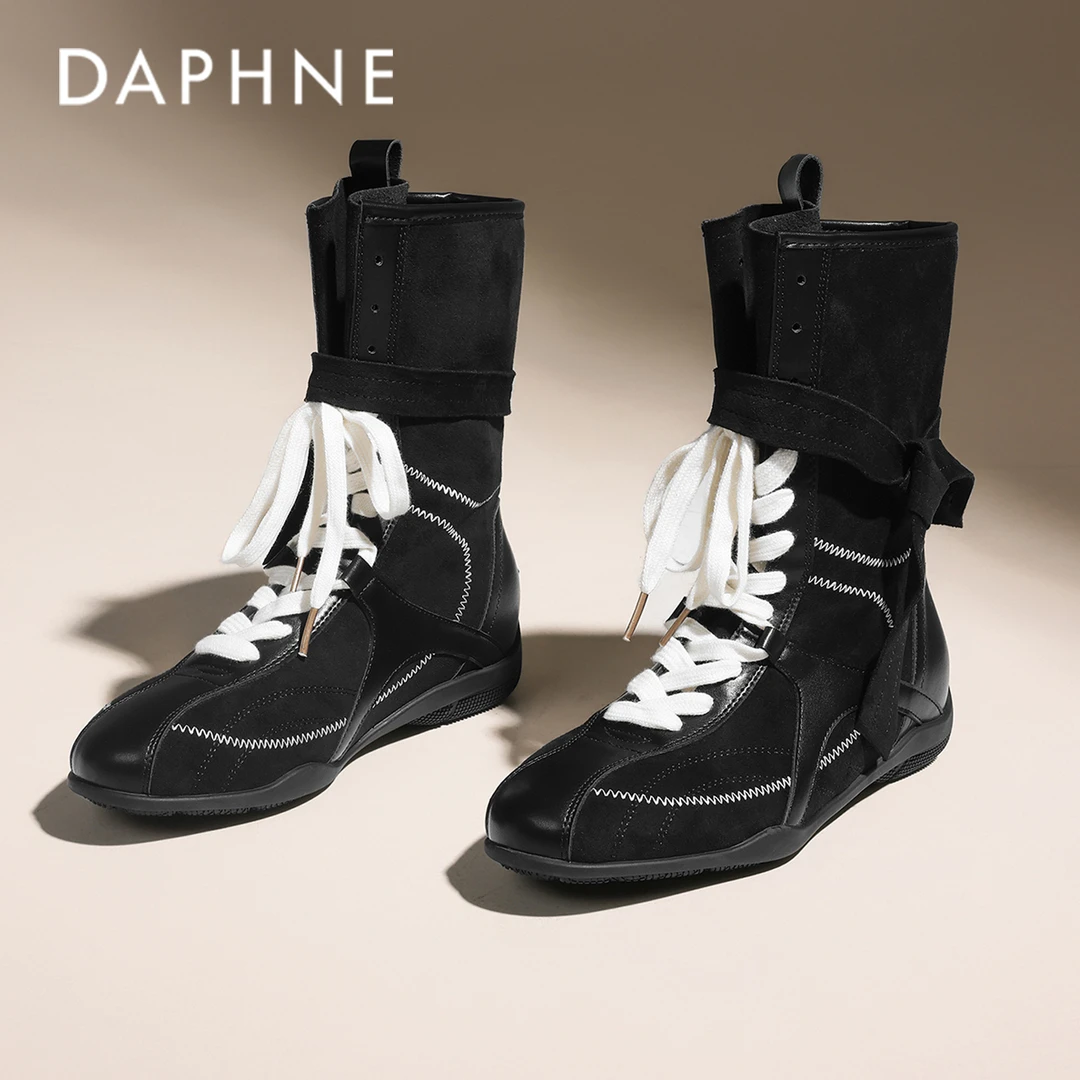 达芙妮短靴平底内增高拳击靴复古马丁靴女秋季2025新款中筒西部靴