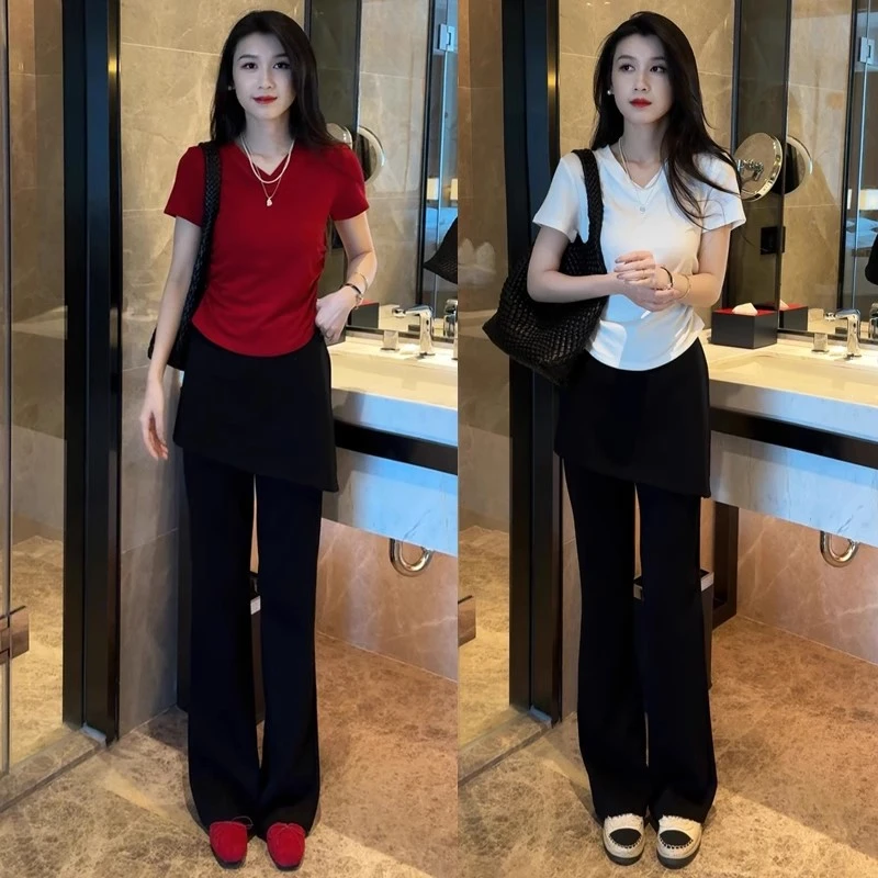 夏季穿搭一整套女2025新款红色修身显瘦T恤百搭高腰微喇裤两件套