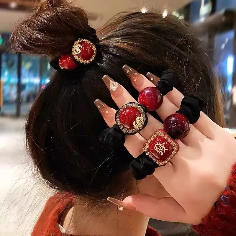 红色网红新年款本命年发财方块圆珠发圈韩版百搭马尾丸子头发绳