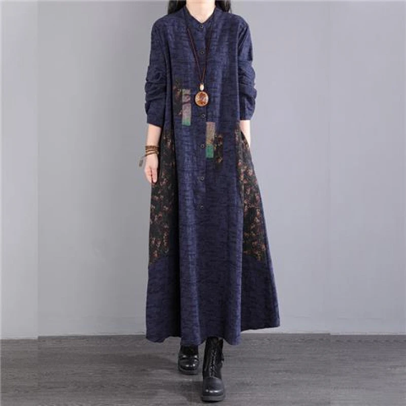 2025新款文艺复古风女士长袖大码宽松显瘦早秋棉制纯色印花立领公