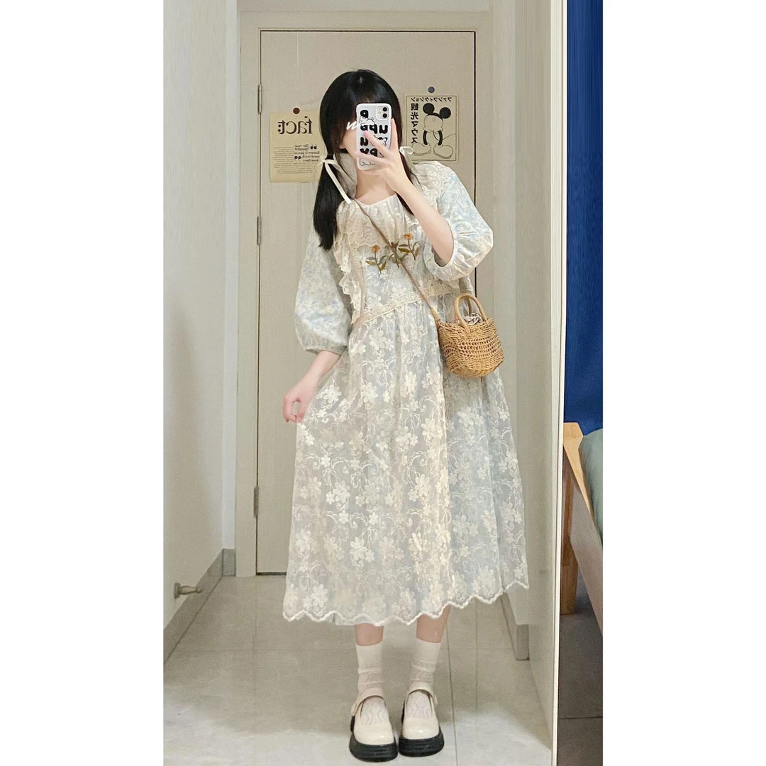 1214小个子田园风蓝色碎花短袖连衣裙外搭蕾丝荷叶花边娃娃领套装