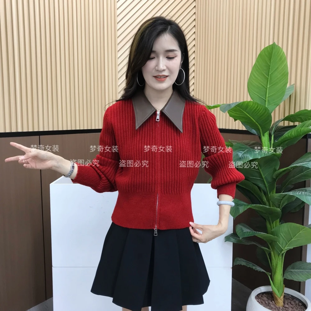 纯色POLO领毛衣女士2025秋季新款爆款时尚洋气软糯针织开衫