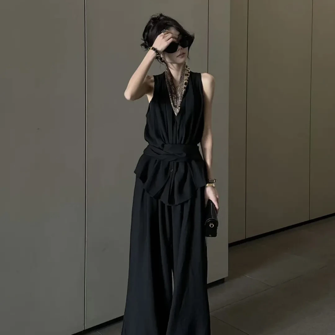 夏季小众时尚无袖绑带宽松收腰黑色上衣高腰阔腿休闲裤两件套套装