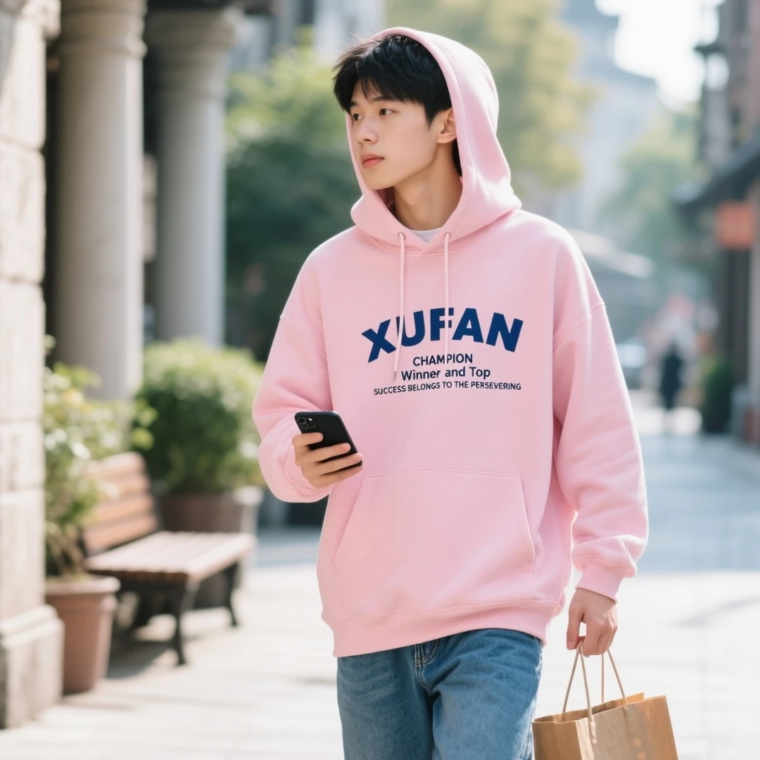 纯棉100%粉色卫衣青少年宽松韩版美式百搭ins连帽外套加绒