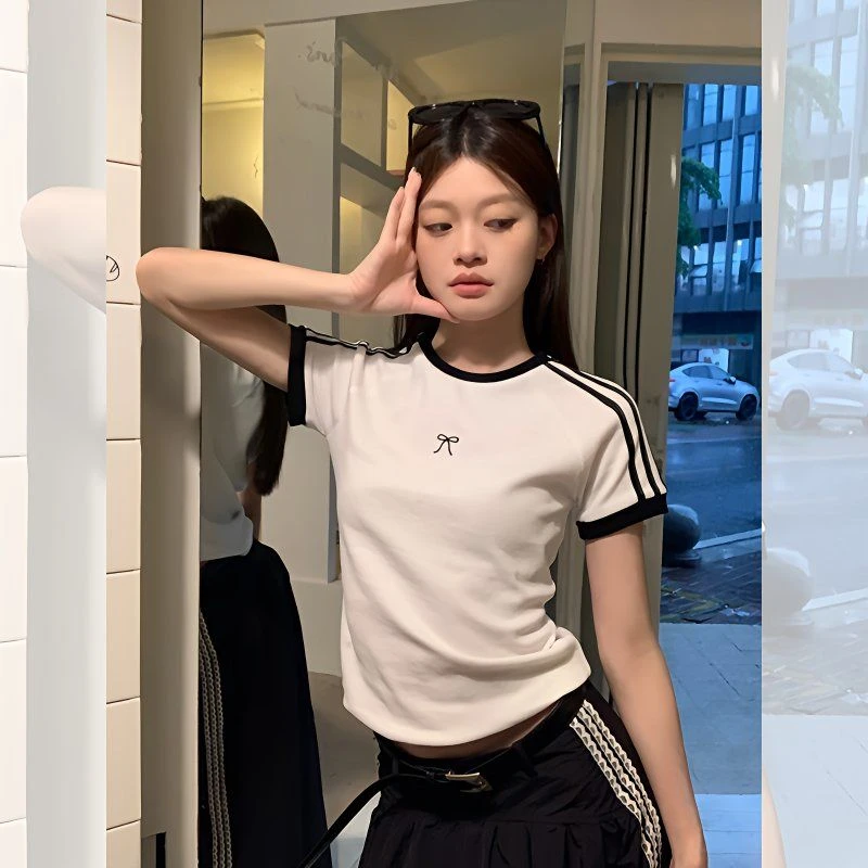 条纹正肩白色短袖t恤女夏季新款蝴蝶结修身显瘦短款小上衣