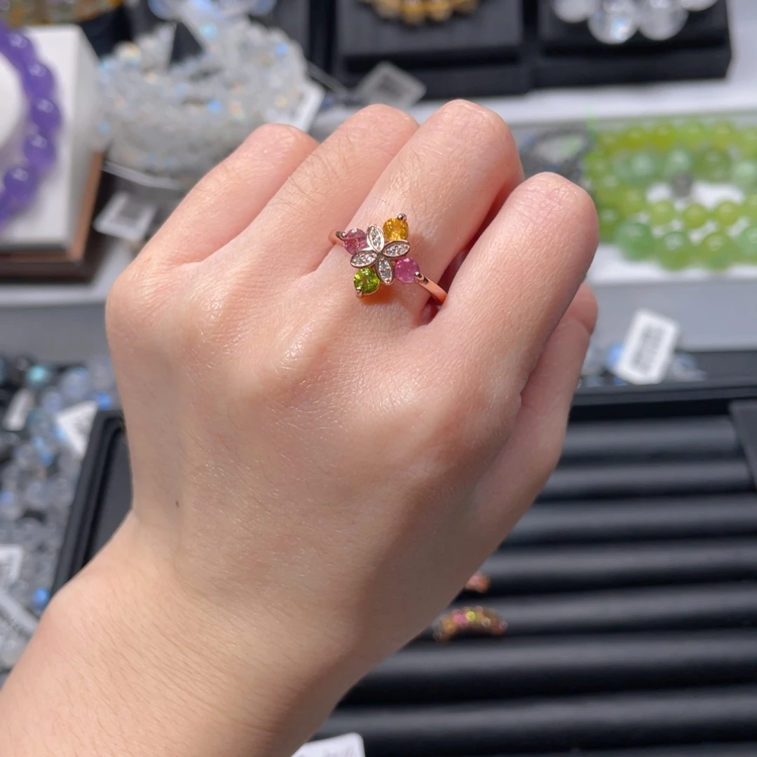 戒指碧玺银S925镀金镶嵌碧玺戒指