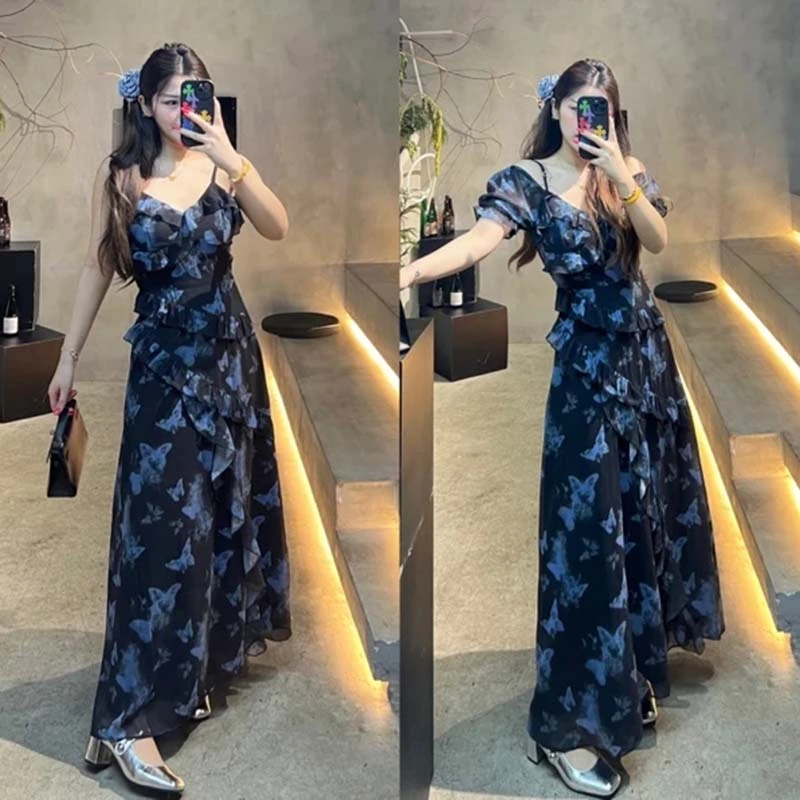 夏季气质不规则印花蝴蝶碎花掐腰显瘦长款长裙D2135