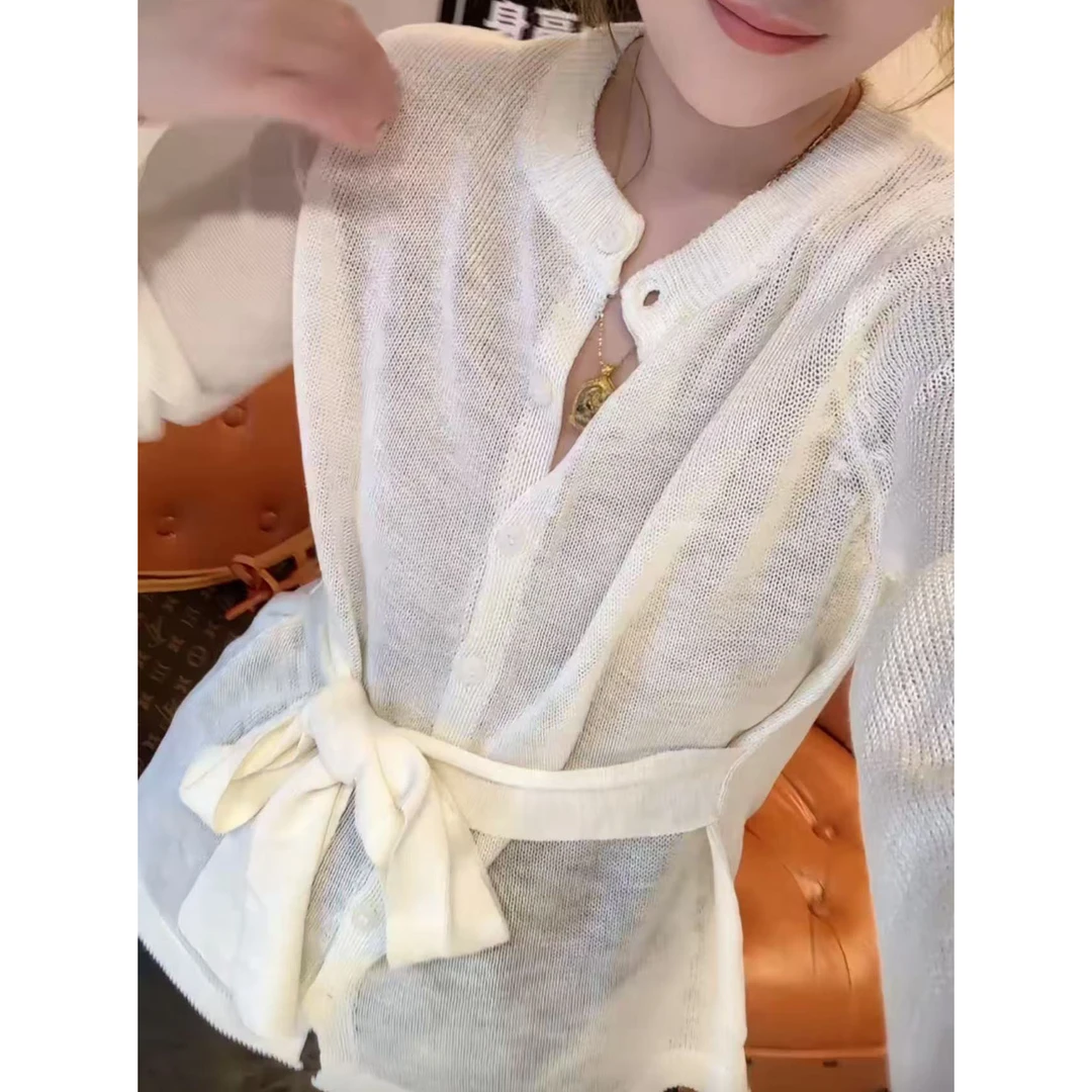 今年流行穿搭2025早秋新款温柔风韩系毛针织衫单排扣腰带长袖上衣