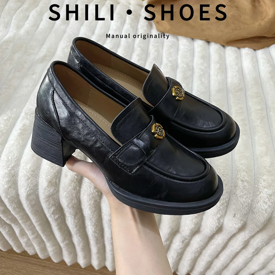 水洗牛皮~山茶花乐福鞋女2025新款通勤粗跟单鞋百搭英伦风小皮鞋