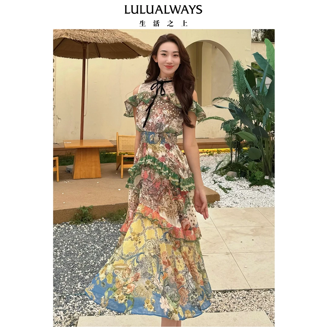 LULUALWAYS【商场同款】25夏季新款西西里法式复古度假露肩连衣裙