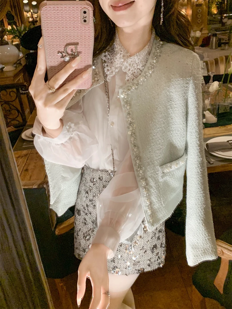 春秋新款亮片镶钻米白色小香风外套女名媛高级显瘦气质网红短款