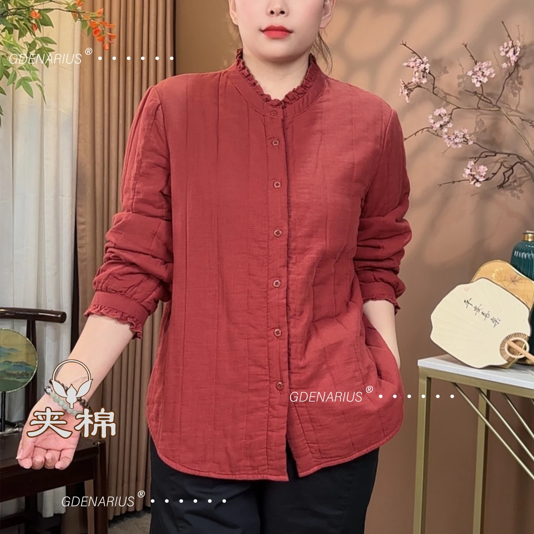 夹棉加厚竖条打格净版花边领长袖衬衫舒适好穿易打理气质百搭上衣
