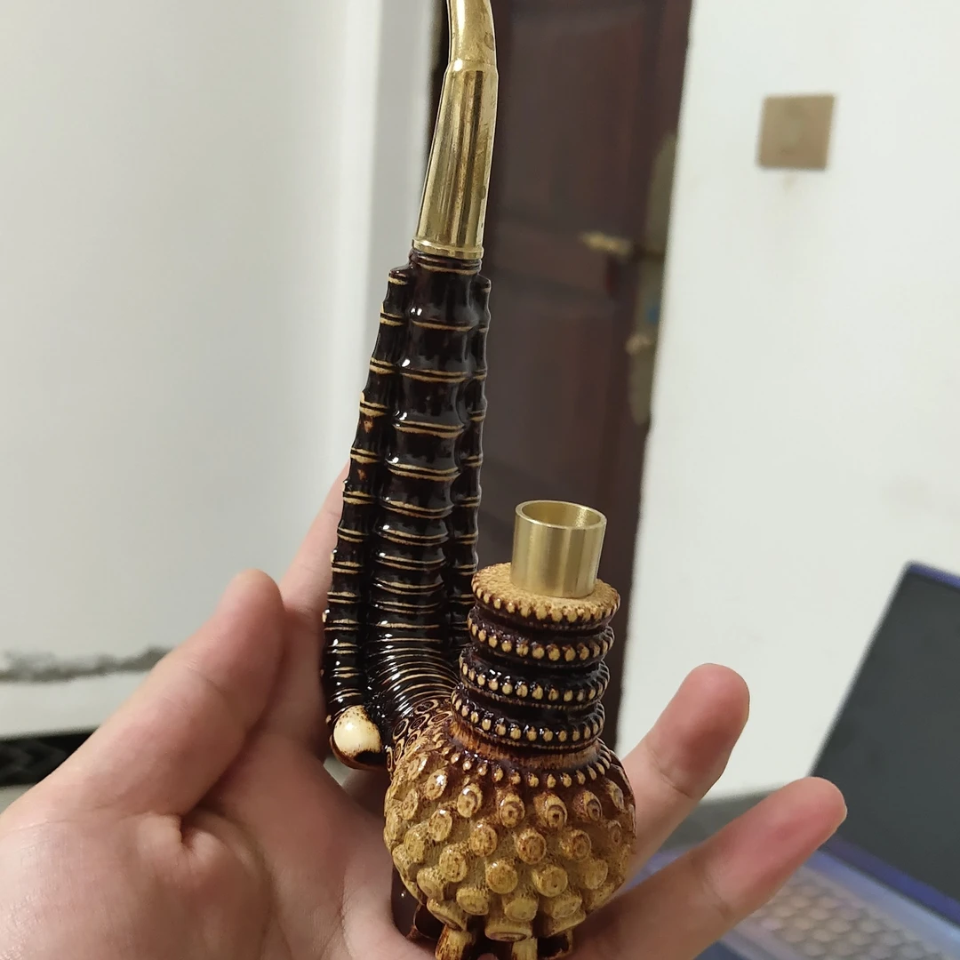 实心竹雕刻一弯两用火口烟杆到21公分左右三杆烟杆非常漂亮