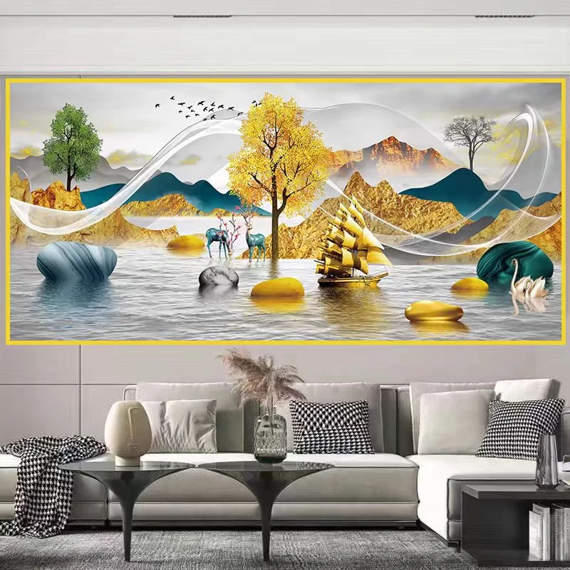 P377【金山富水】新中式山水大气装饰画客厅办公室玄关柜挂画壁画