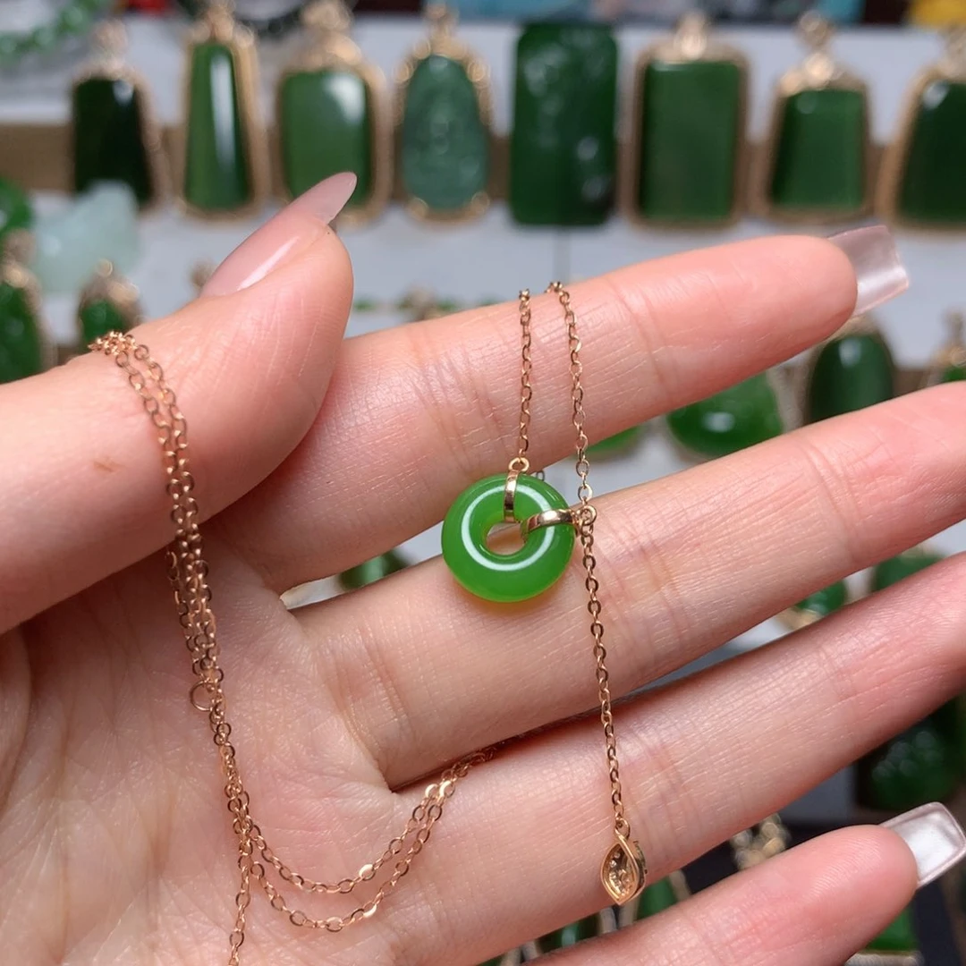 和田玉（碧玉）平安扣项链18K金镶嵌