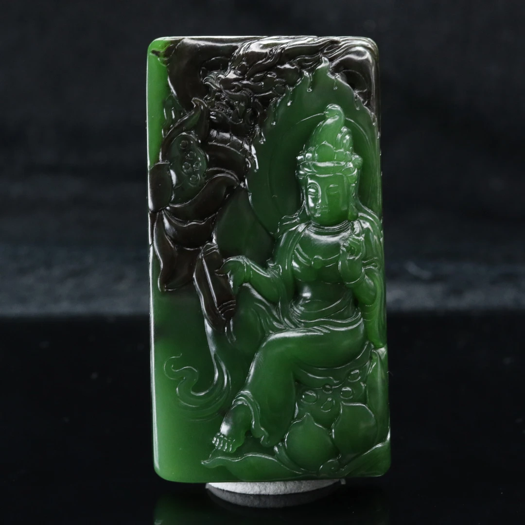 48和田玉碧玉莲花观音/000622北京中保拍卖