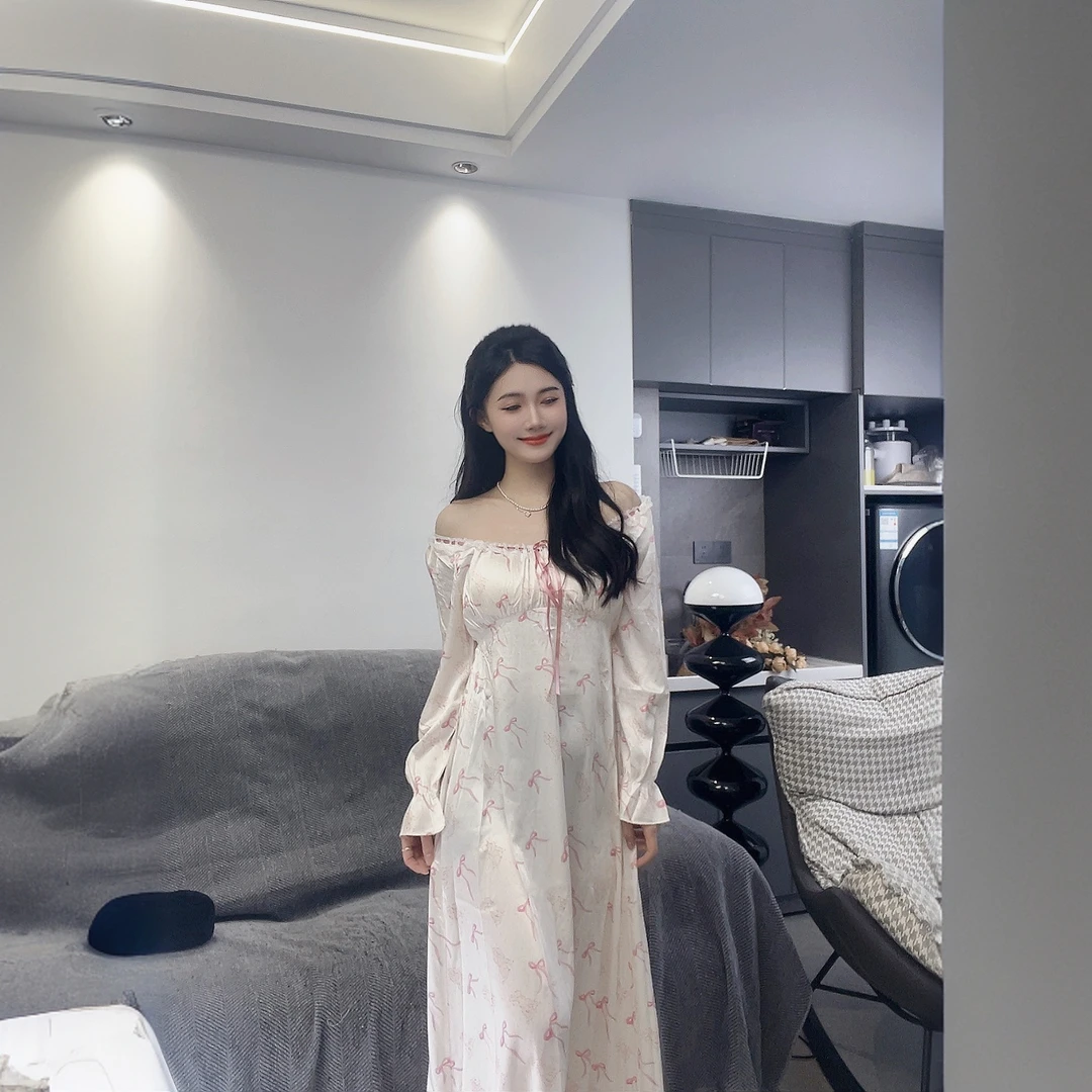 花颜筑法式睡裙女秋季新款印花长袖收腰显瘦睡衣裙居家服可外穿