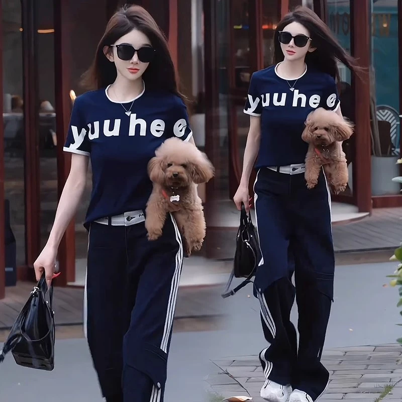 时尚套装女2025夏季新款洋气显瘦短袖T恤直筒阔腿裤休闲两件套潮