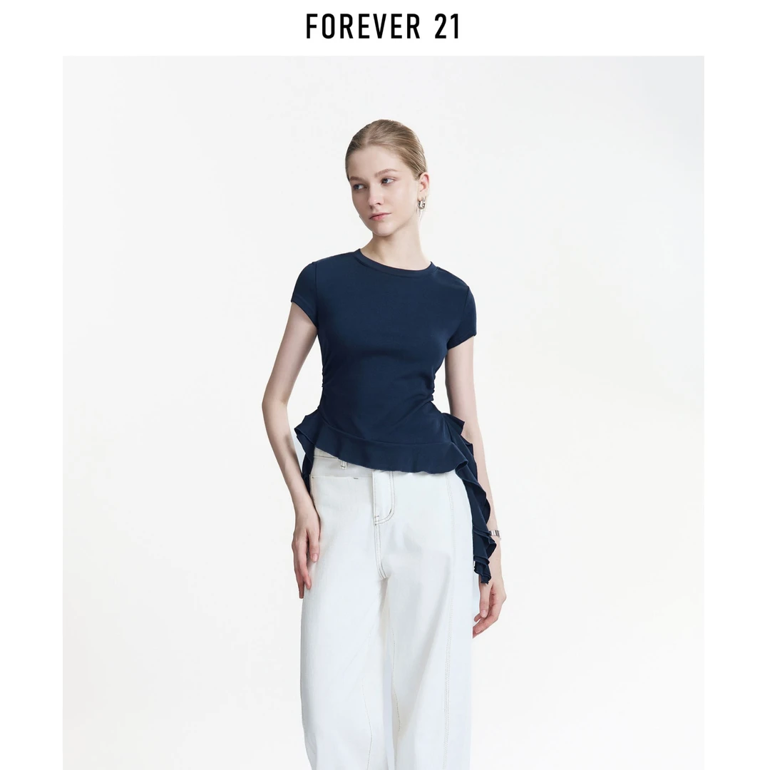 FOREVER 21/永恒 21夏季新款圆领T恤侧花边减龄瘦腰显瘦设计感