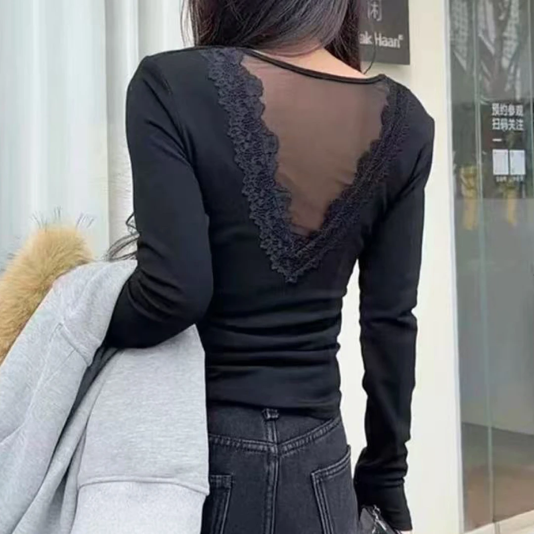【海南肉丝】9319纯欲蕾丝网纱后背时尚上衣