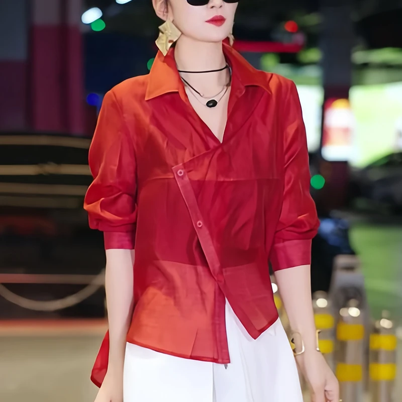 v领设计感开叉衬衫女士夏季2025新款时尚洋气收腰不规则短袖上衣