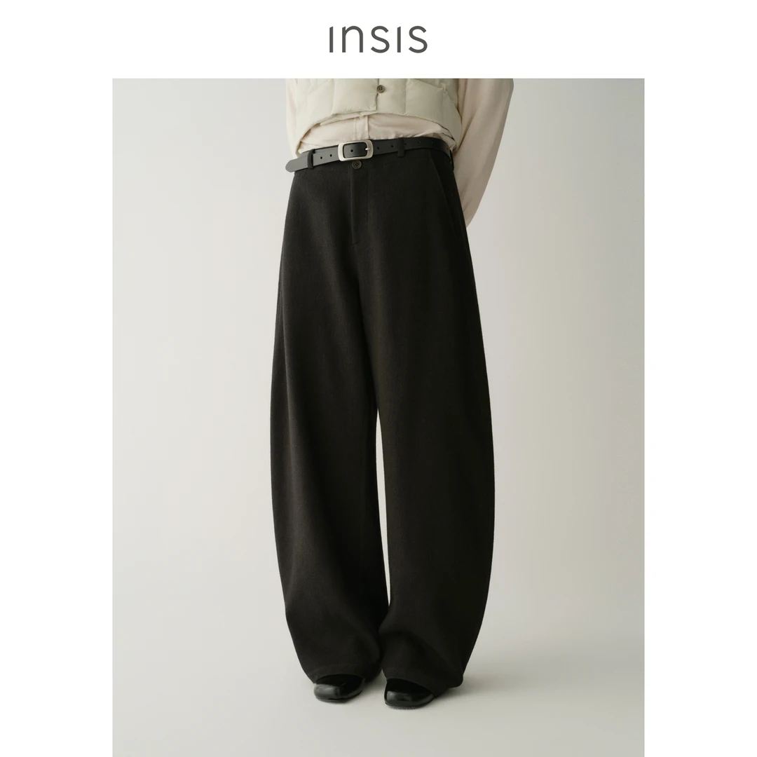 INSIS FEMME简约复古风2025冬季新款无褶裥连腰双扣弧形长裤女
