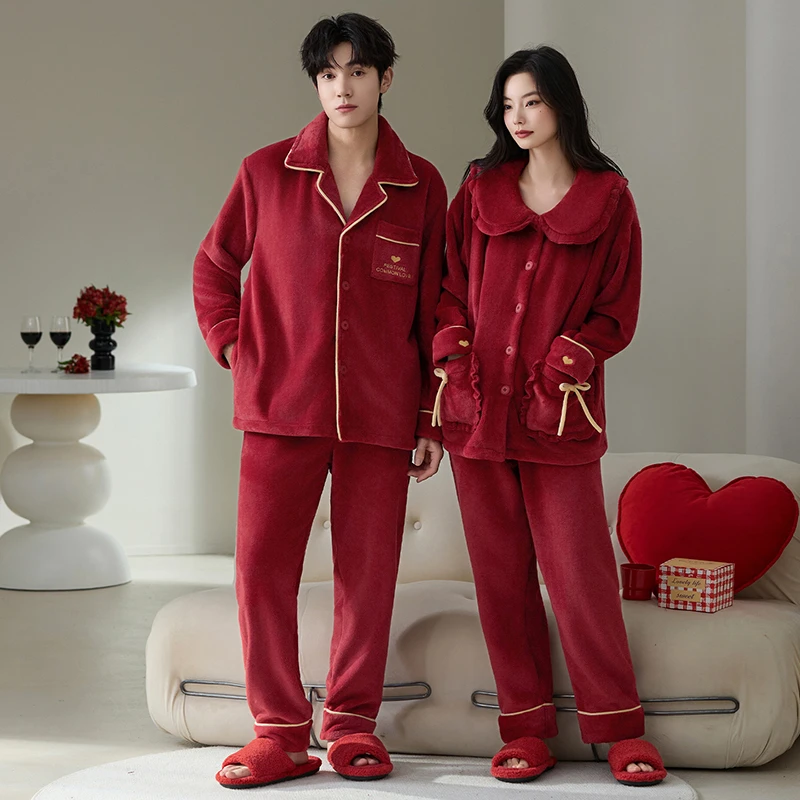 冬季法兰绒情侣款婚庆大红睡衣男女款加厚珊瑚绒保暖居家套装外穿