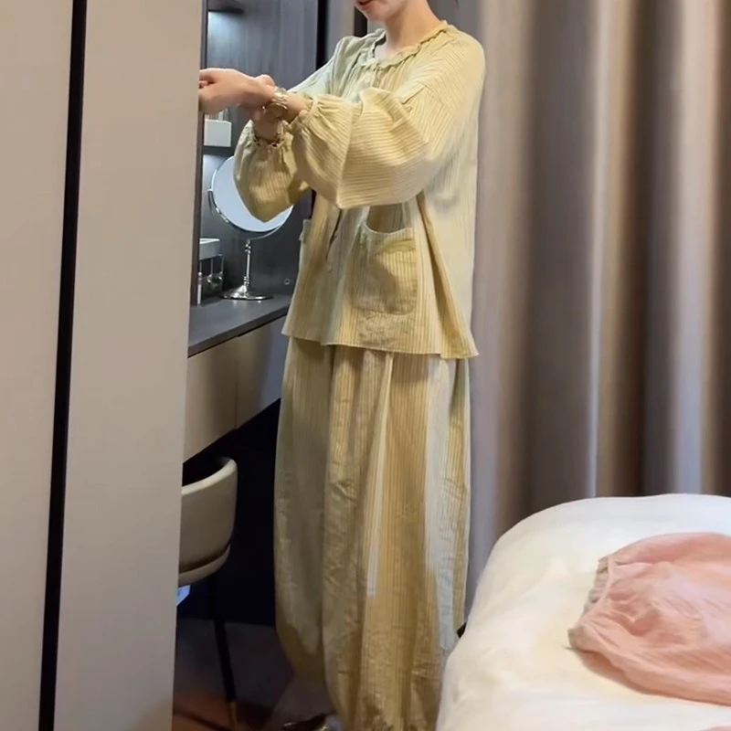 慵懒风睡衣女春秋季2025新款长袖宽松花边减龄气质休闲家居服套装